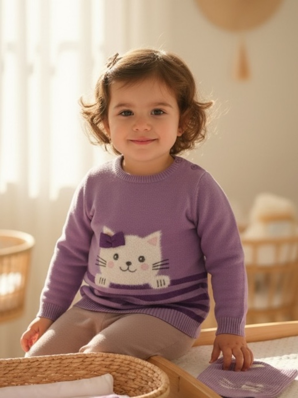 George Lavender Knit Sweater with White Cat Graphic